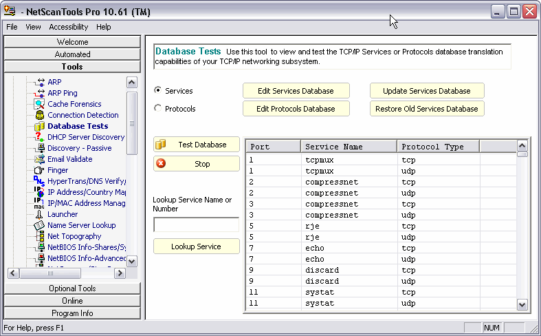 database tests screenshot