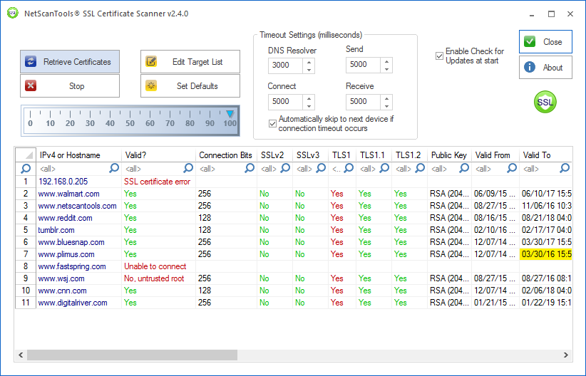 SSL Certificate Scanner shows website certs