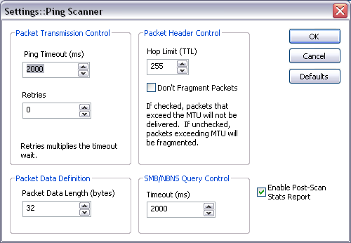 Ping Scanner Settings Screenshot