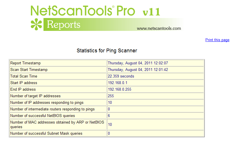 Ping Scanner Summary Report Screenshot