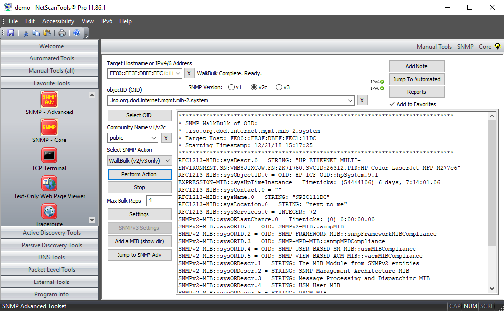WalkBulk SNMPv2 IPv6 Target Screenshot
