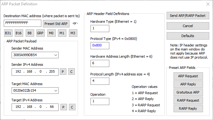 Packet Generator ARP/RARP Packet Definition Screenshot