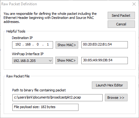 Packet Generator RAW Packet Definition Screenshot