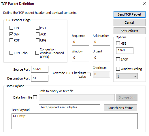 Packet Generator TCP Packet Definition Screenshot